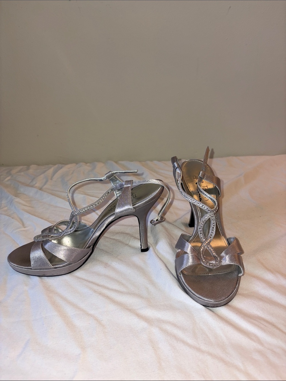 Touch of Nina Silver Strappy Heeled Sandals with Rhinestone Detail